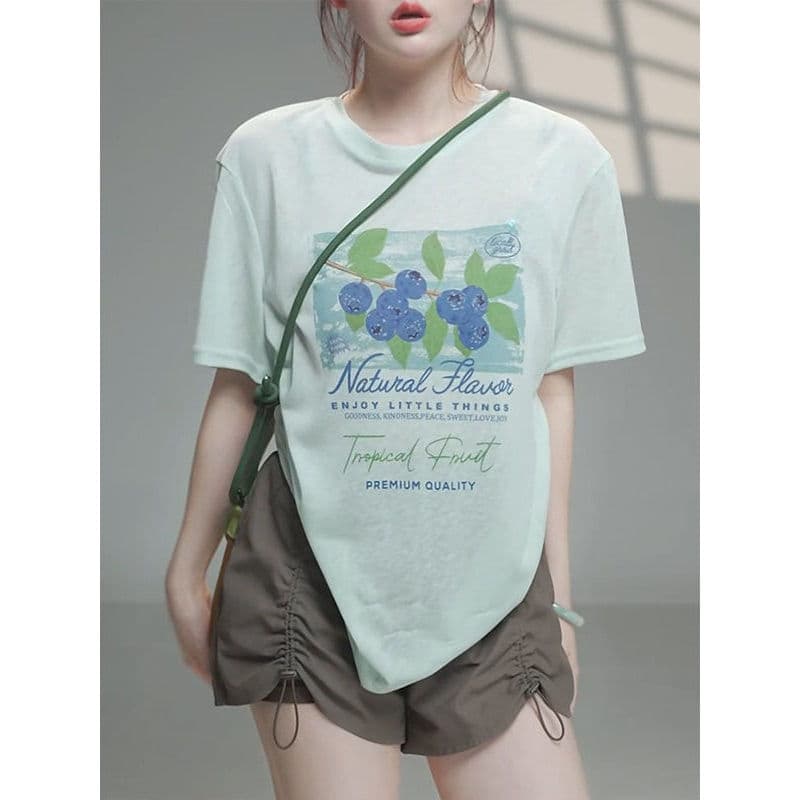Verde menta impresso camiseta de manga curta senhoras verão estilo fino 2026 novo estilo topo solto estilo quente em tor