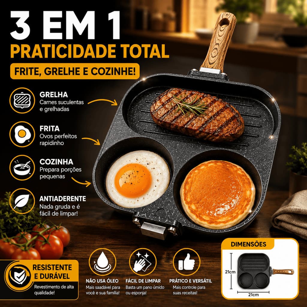 Frigideira Antiaderente 3 em 1 com Divisórias Panela Antiaderente 3 Em 1 Preparo De Alimentos Com Compartimentos