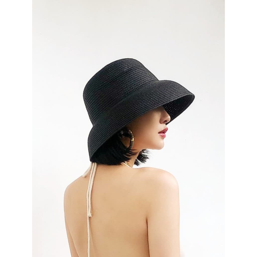 Francês Retro Hepburn estilo preto placa de luz relógio chapéu de palha Shi feminino verão viagem chapéu de sol cúpula c