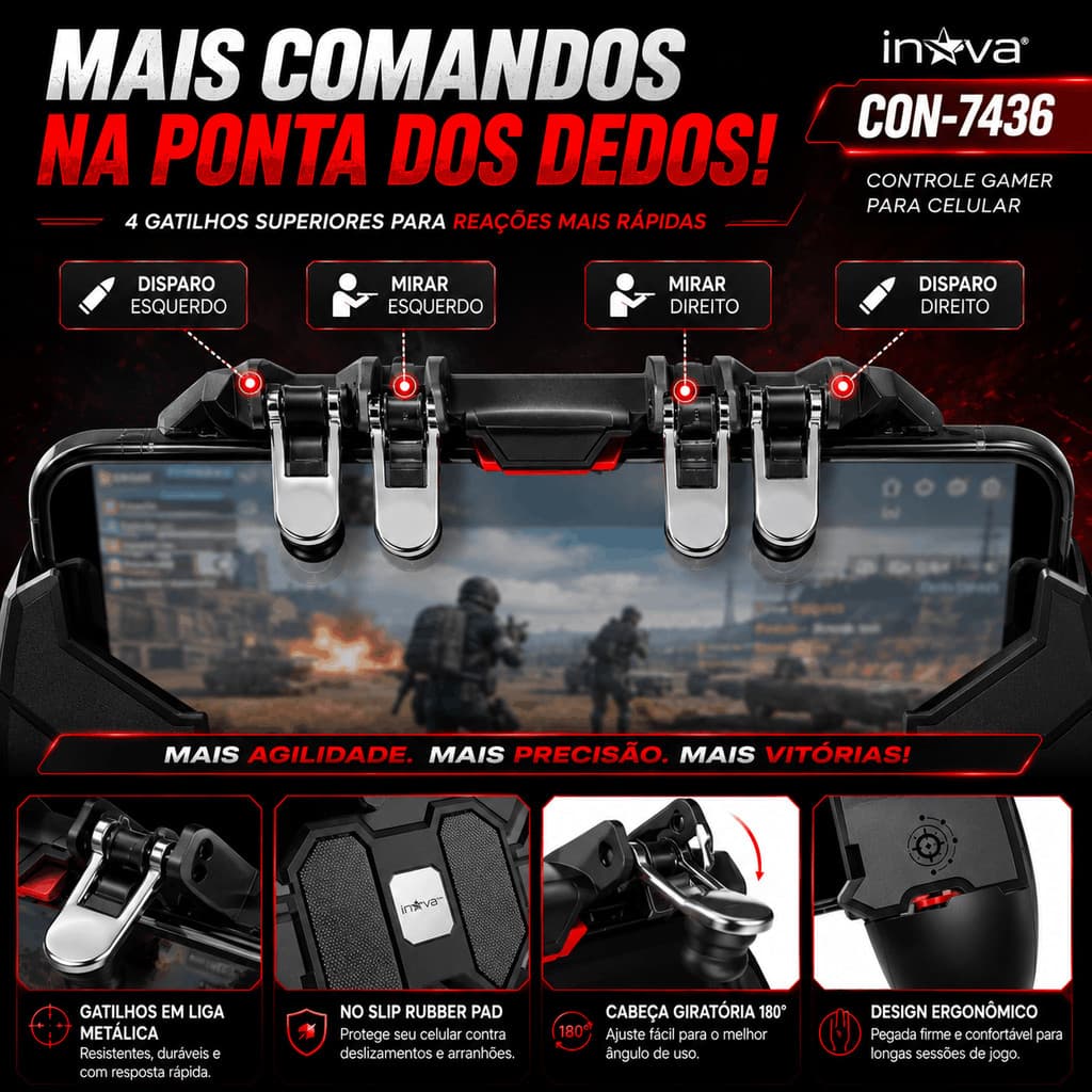 Controle Gamer Manual para Celular com Gatilhos e Suporte Joystick INOVA CON-7436