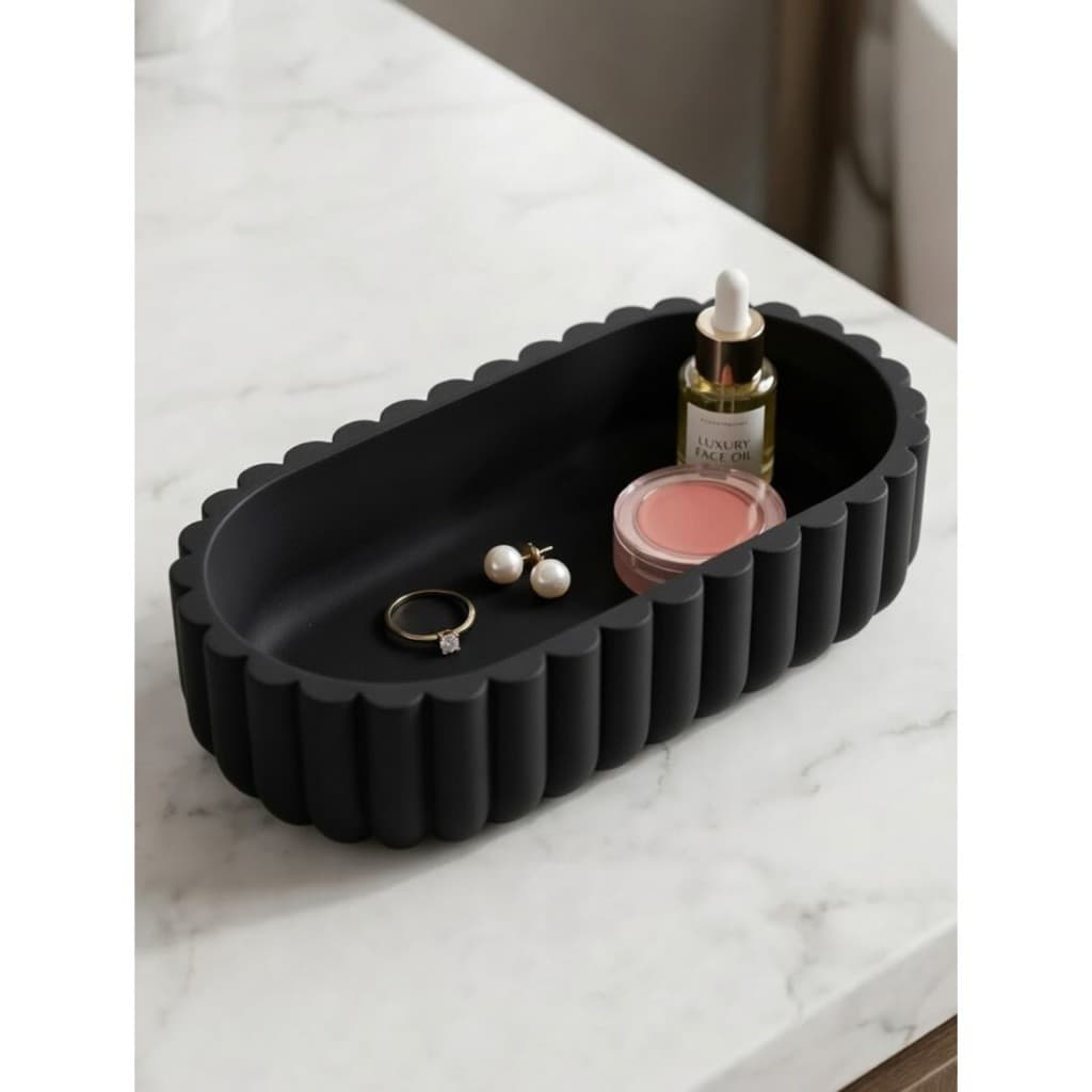 Bandeja Organizador Oval Canelada Cinza - Porta Joias, Maquiagem e Desk Organizer
