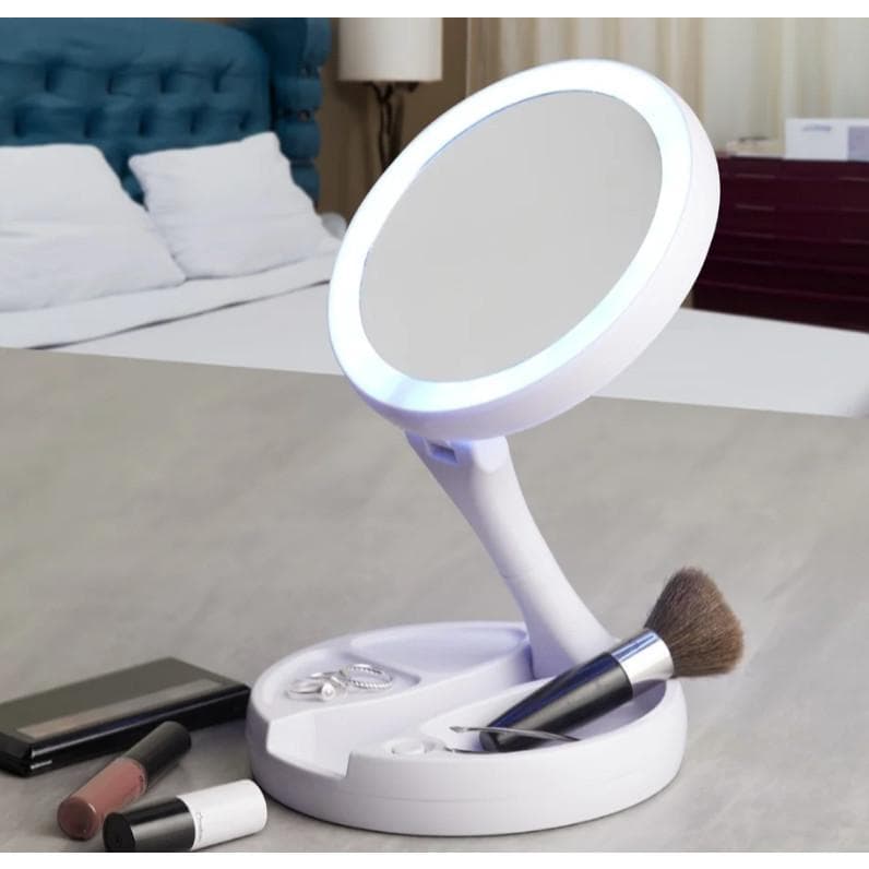 Espelho com Led De Mesa Com Aumento 10x Led luz Dobravel Para Maquiagem