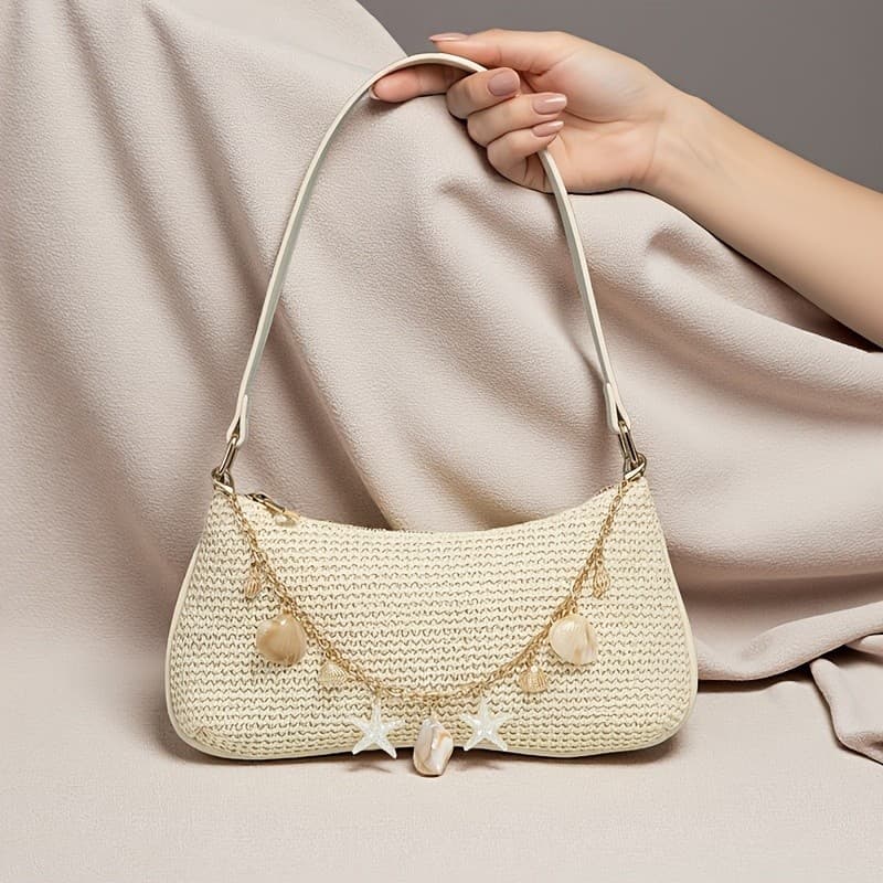Bolsa crescente feminina, bolsa de ombro com decoração de corrente de concha, bolsa pequena de tecido nas axilas, Design