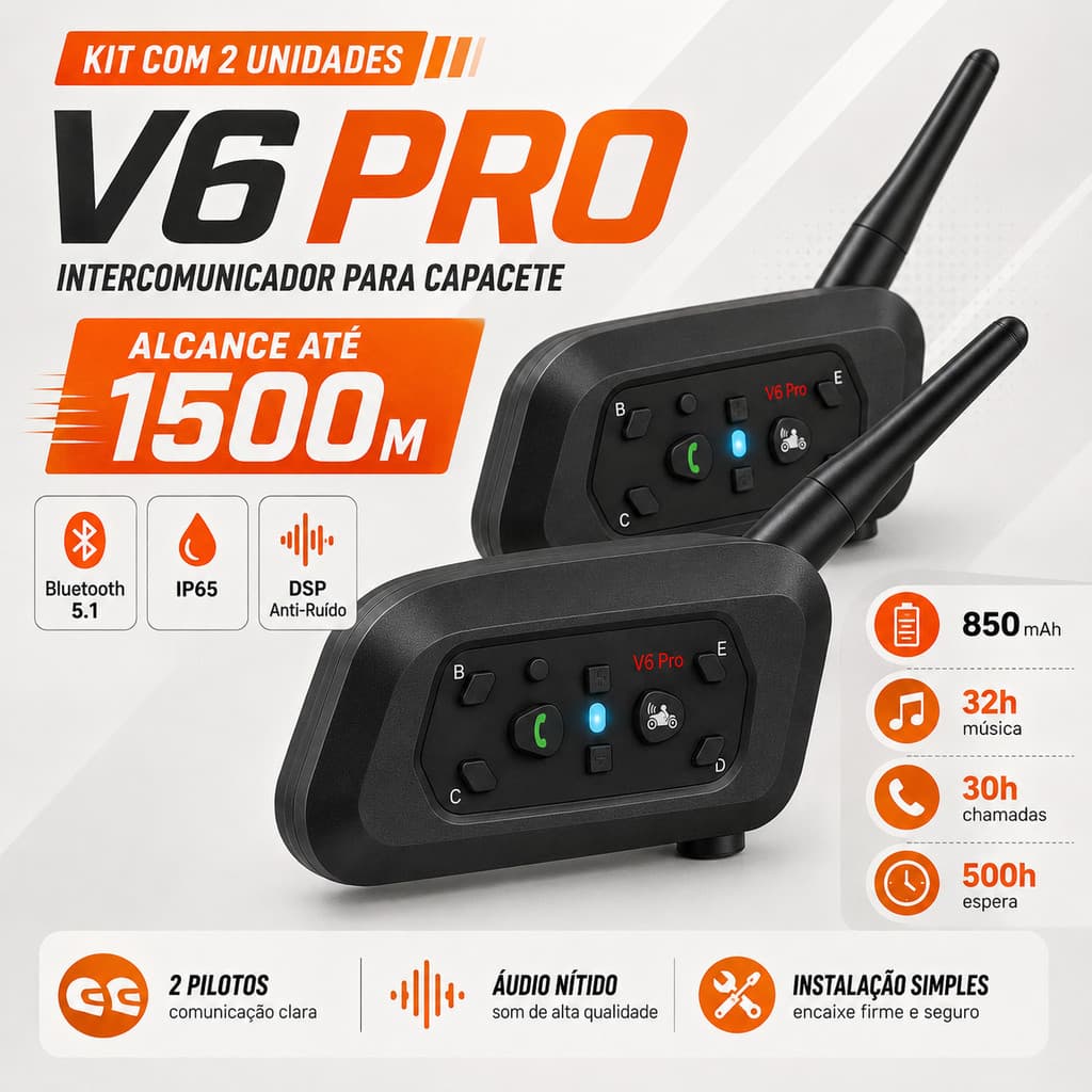 Intercomunicador V6 PRO Kit Duplo Bluetooth 5.1 Moto Capacete IP67 DSP 1500m Comunicação 6 Dispositivos