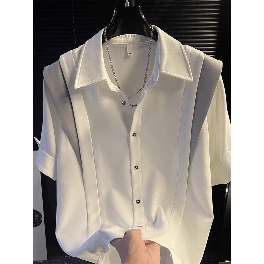 Design falso de duas peças contraste cor voando ombro meados de manga camisa masculina verão High-End costura lapela sol
