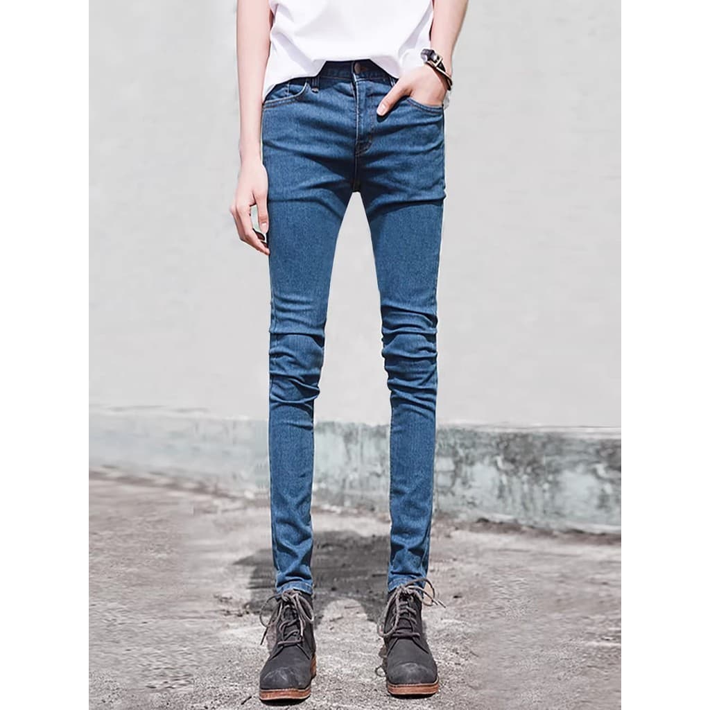 Fino alto estiramento Retro lavado azul Jeans masculino fino ajuste mais magro olhar calças magras simples Leggings casu