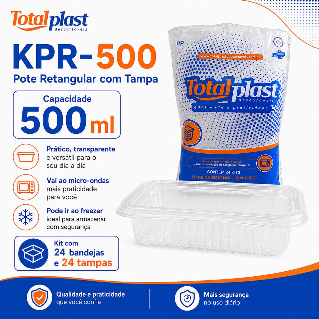 Kit 24 Potes Totalplast KPR-500 500ml com 24 Tampas Transparente PP para Micro-ondas Freezer Marmitas Alimentos