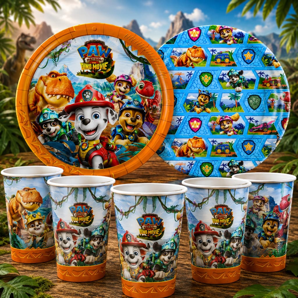 Kit Festa Patrulha Canina Dino O Filme Pratos e Copos 180ml Aniversário Infantil Decoração Festa