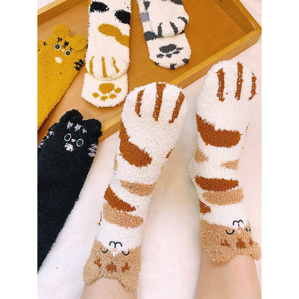 Meias peludas femininas inverno Coral velo gato garra meias bonito peludo meias engrossadas casa quente dormir meias na