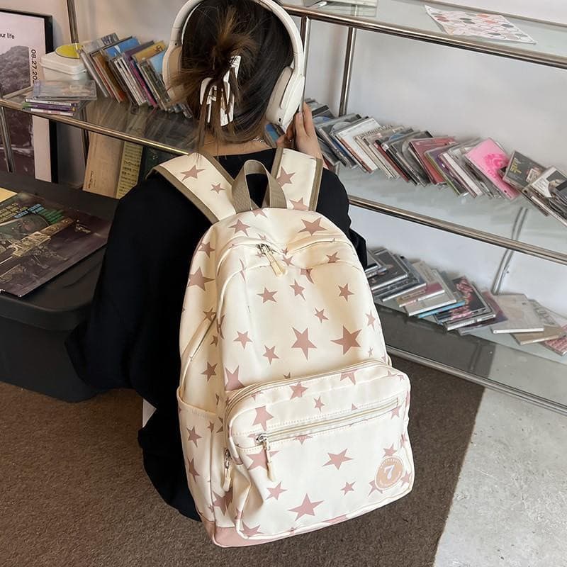 Mochila Escolar Simples Estilo Americano com Estampa de Estrela de Cinco Pontas para Estudantes Universitários e do Ensi