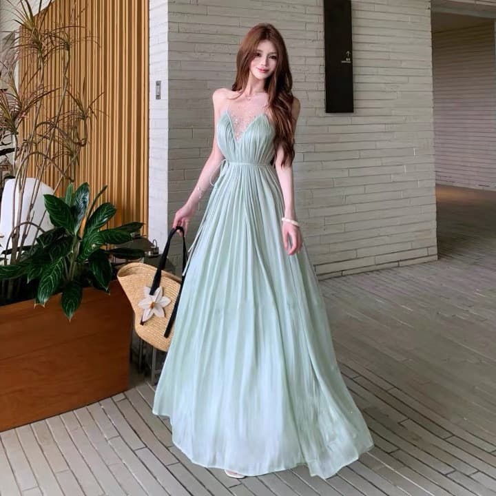Sem mangas verde quente diamante gaze costura colete vestido feminino atmosfera de verão solto saia longa plissada saia