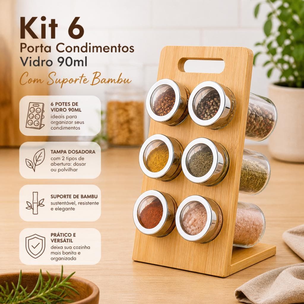Kit 6 Porta Condimentos Vidro 90ml Com Suporte Bambu