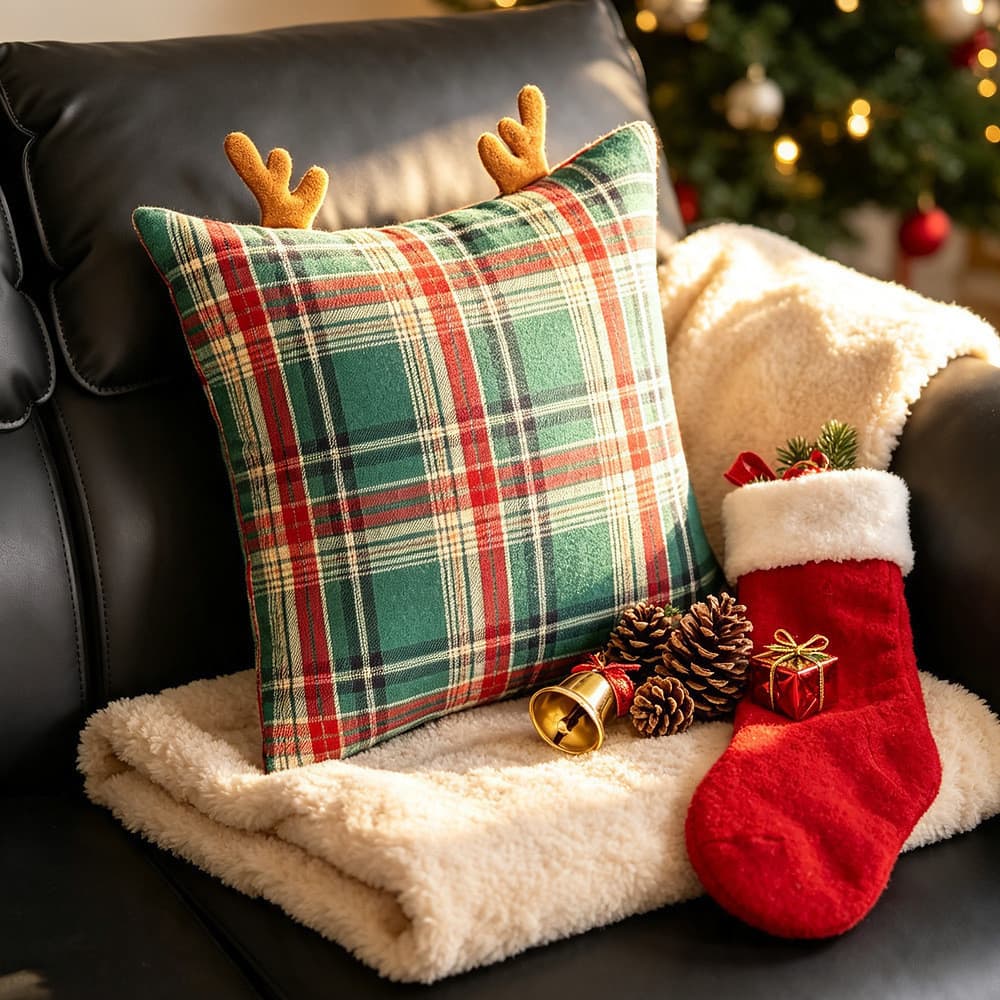 Britânico Retro natal xadrez chifres travesseiro casa sofá travesseiro atmosfera de natal decoração capa de almofada