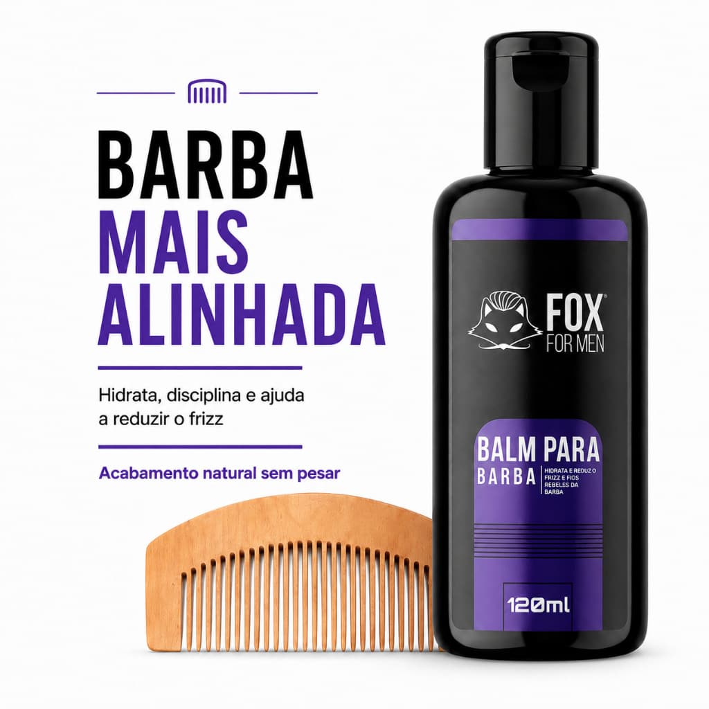 Kit Balm para Barba 120ml Pente de Madeira Fox For Men Hidratação Barba Macia Controle de Frizz