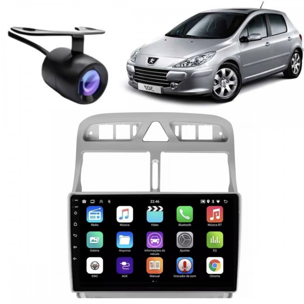 Central Multimídia Android 2 Din Peugeout 307 Moldura 9" Câmera Ré Prata