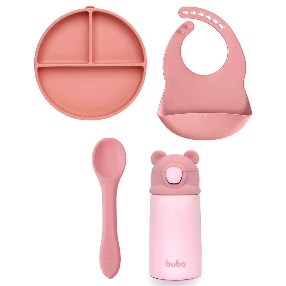KIT C/ COLHER EM SILICONE, GARRAFA TERMICA,BABADOR E PRATINHO ROSA - BUBA