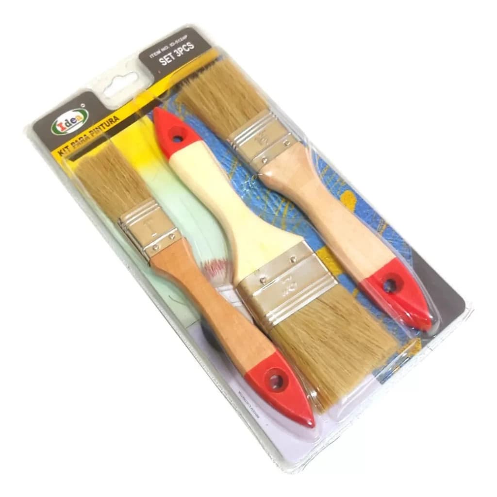 Kit 3 Peça Trincha Pincel Para Pintura Cabo Madeira Multiuso