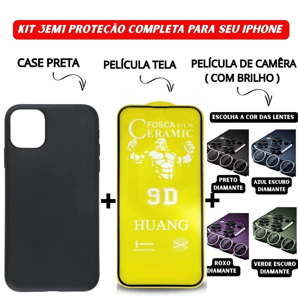 Kit 3 em 1 Case Preta + Película Cerâmica Fosca + Lente Câmera Diamante Compatível iPhone 11 12 13 14 15 candy
