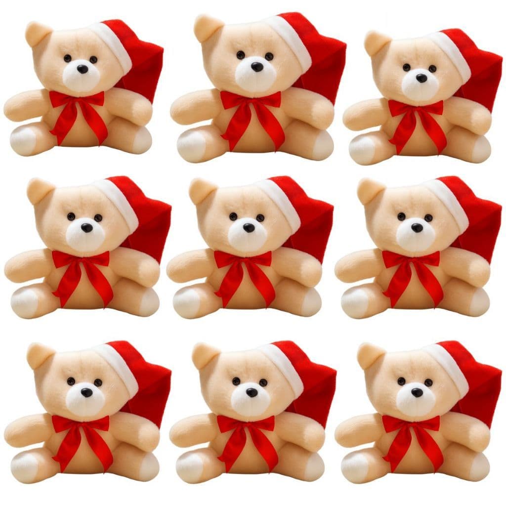Kit com 10 Ursos de Pelúcia de Natal 20cm com Gorro | Lembrancinha, Presente e Enfeite para Árvore de Natal