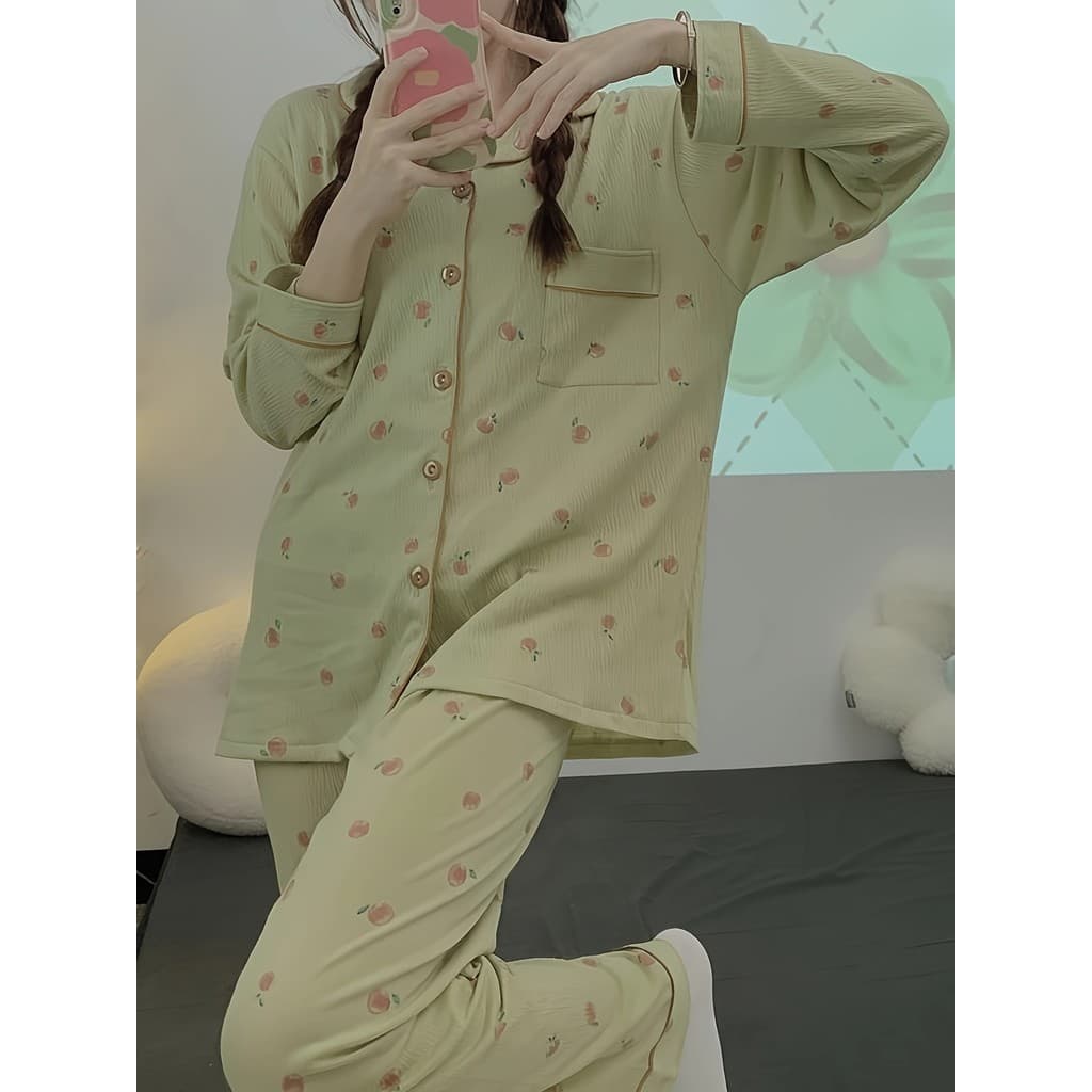 Pijamas femininos de alto valor, novo estilo, outono inverno, simples, Matcha, verde + estampa de frutas, terno Casual,