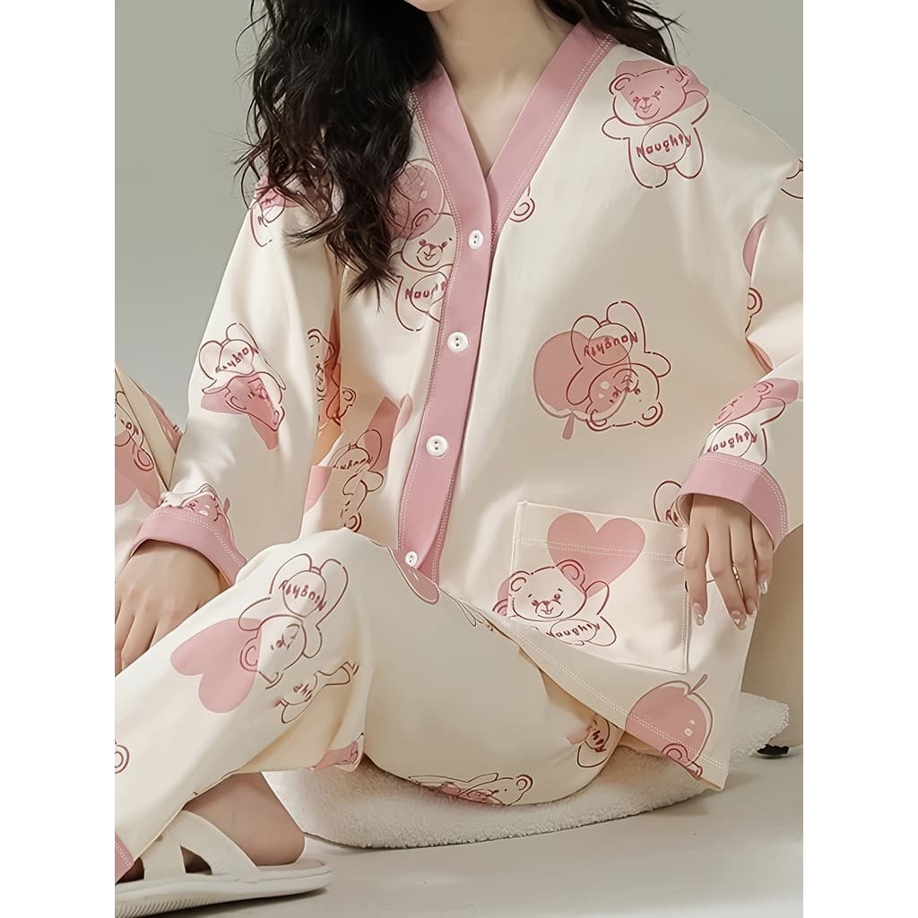 Novo outono inverno senhoras pijamas rosa branco dos desenhos animados urso pijamas Cardigan Design doce estilo Homewear