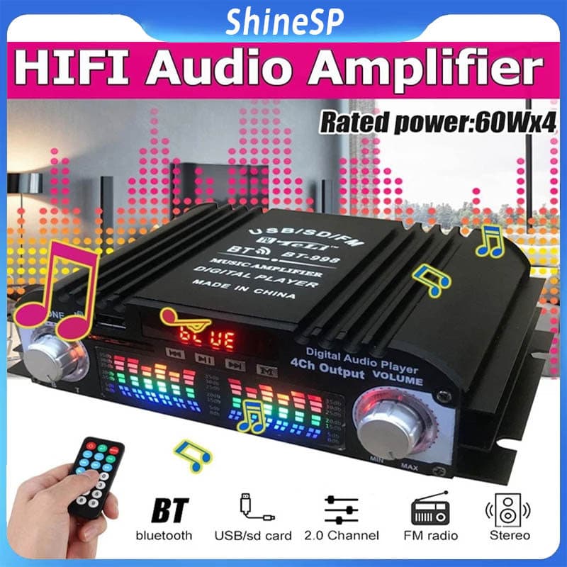 BT-998 Amplificador De Som Digital Wi-Fi , 12V , 1600W , 4 Canais , Áudio , Rádio FM , Bluetooth 5.0 , Karaokê