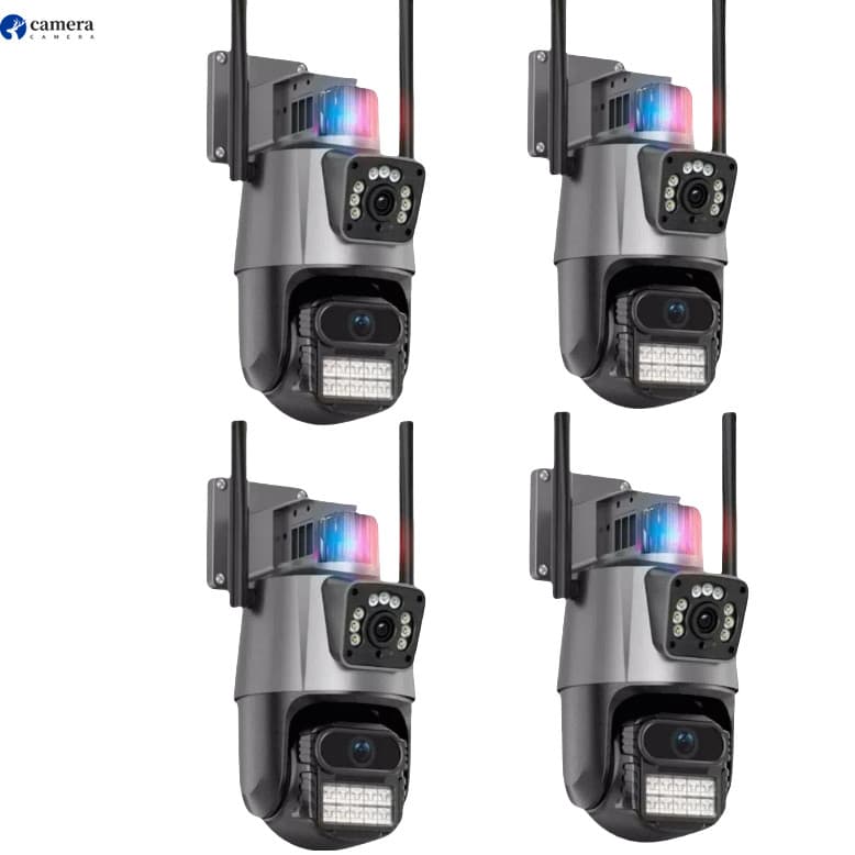 This outdoor security camera kit features dual lenses, an alarm, Wi-Fi, full HD 4K night vision, and is compatible with