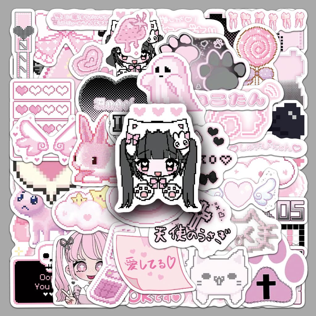 [Meow.Sensei] 50 Folhas de Adesivos Estilo Pixel Preto e Rosa Yandere Mine Contraste Escuro à Prova d'Água Decoração par