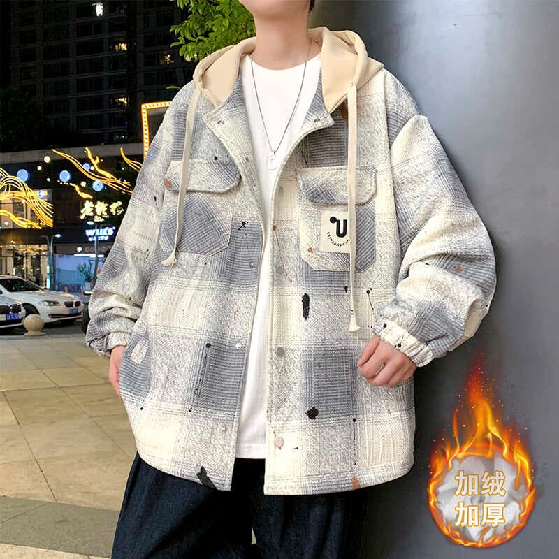 Juventude estilo Hong Kong solto xadrez jaqueta masculina inverno novo estilo estudantes do ensino médio com capuz velo