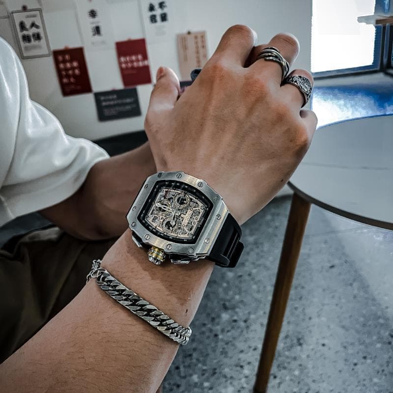 Relógio mecânico automático masculino, mostrador grande, conceito de buraco de minhoca, tipo barril, relógio mecânico es