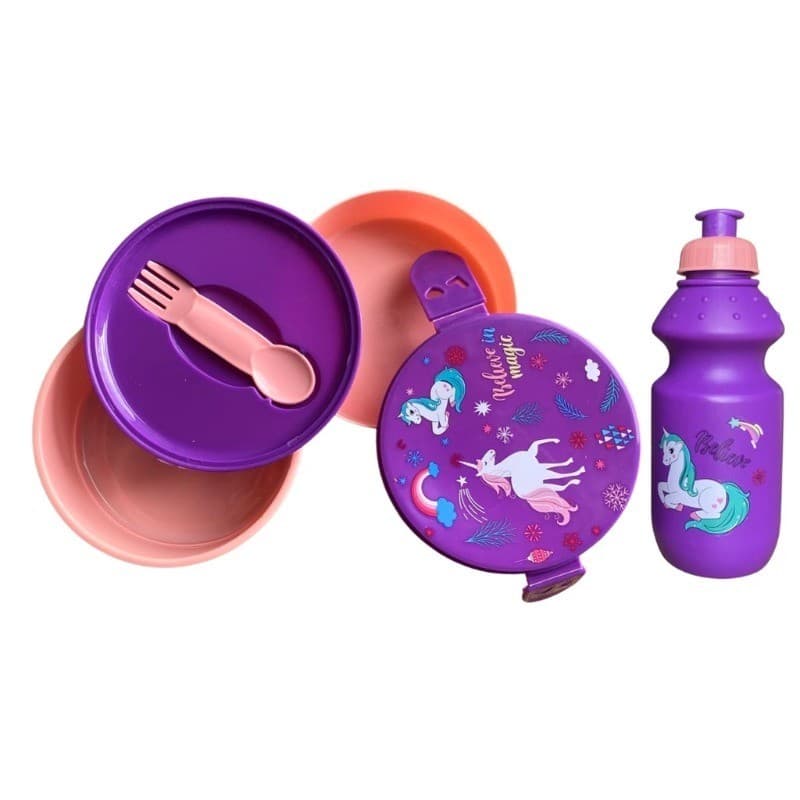 Kit Lancheira Infantil Com Dois Compartimentos De 500ml, Garrafa De 400ml E Talher Unicórnio