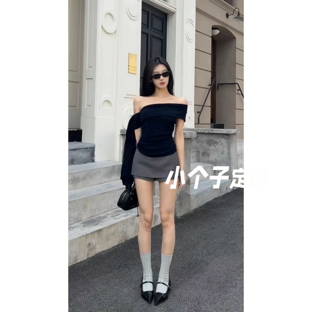Cinza elegante falso terno de duas peças saia feminina pequeno terno saia de verão Retro Hakama Hip saia