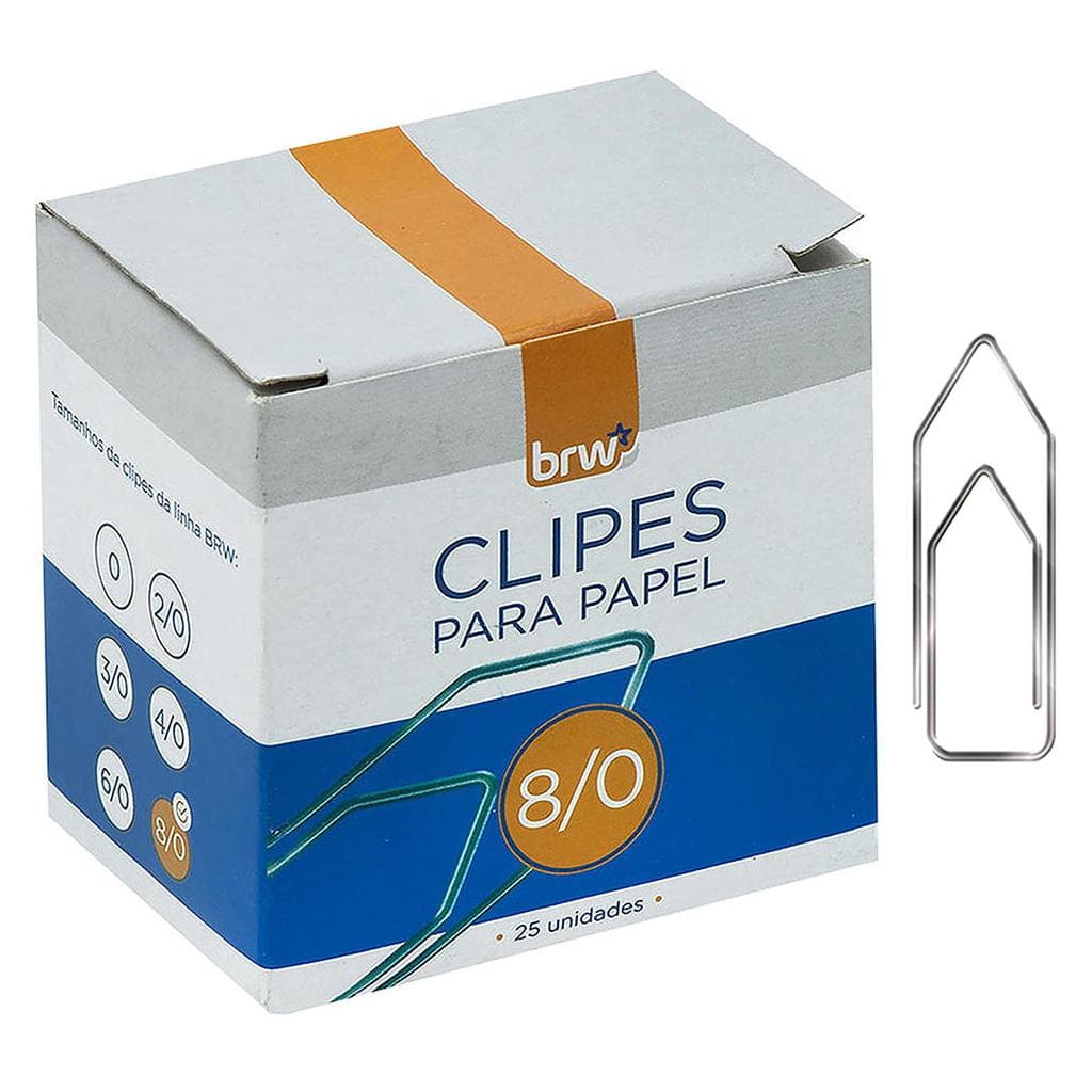 Clipes número 8/0 para Papel BRW Caixa com 25 Clips 8/0 em Aço Galvanizado Não Quebra Sem Rebarbas