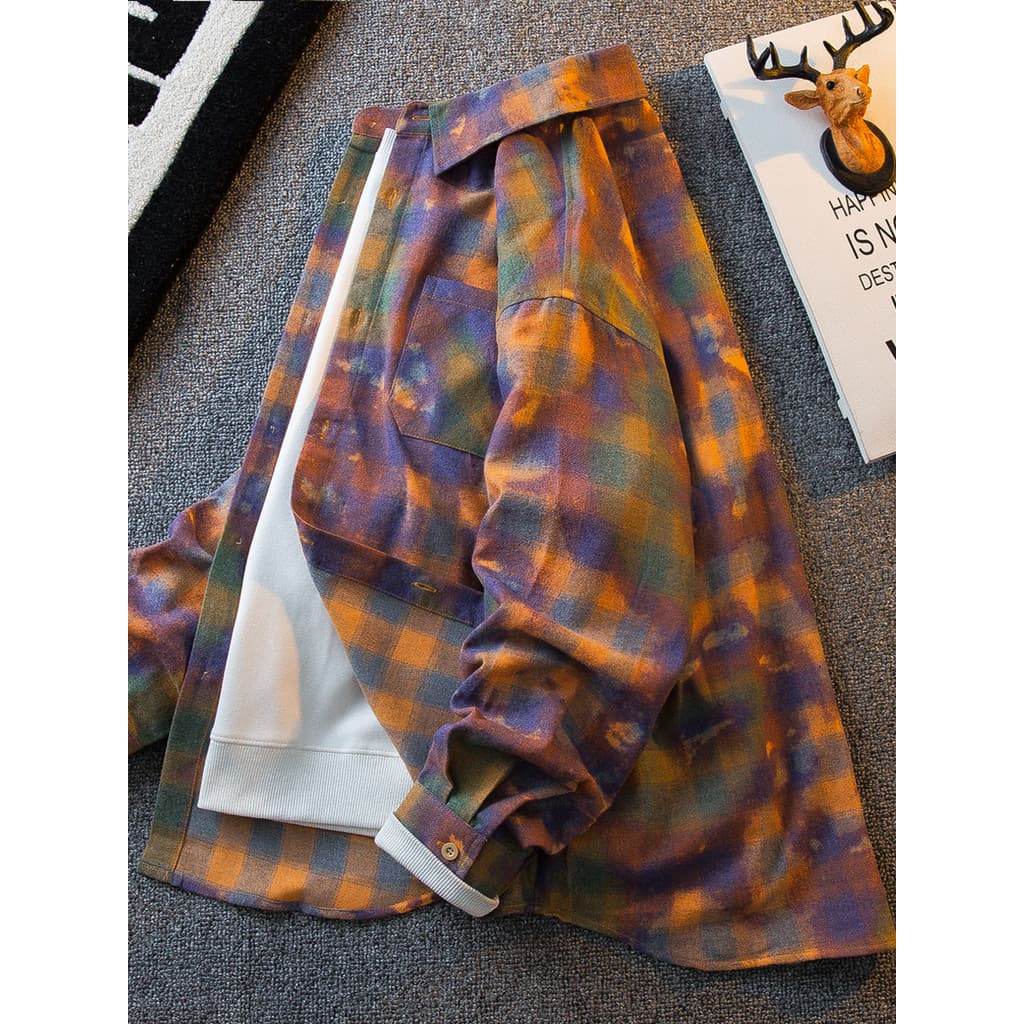 HPCP Retro Escovado Tie-Dye Camisa Xadrez de Manga Comprida Masculina Primavera Outono Street Wear Casal Camisa Casual J