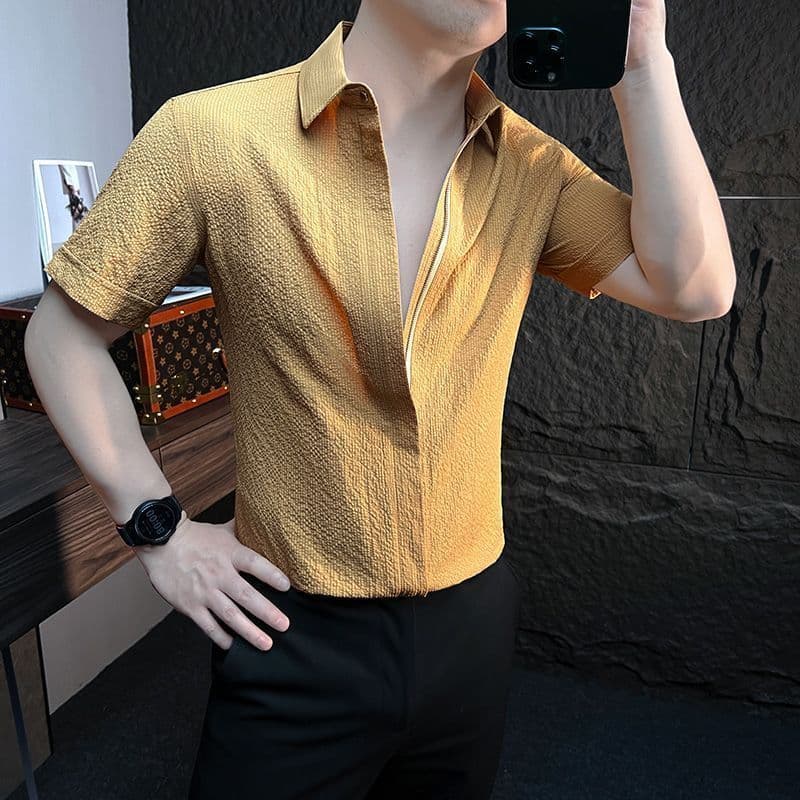 2026 verão novo estilo fino High-End sentido rufião bonito Seersucker camisa Design de venda quente sentido zíper camisa