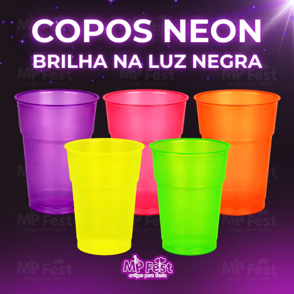 Kit 100 Copos Neon Premium Descartável 300ml Para Bebida Festa Aniversário Balada