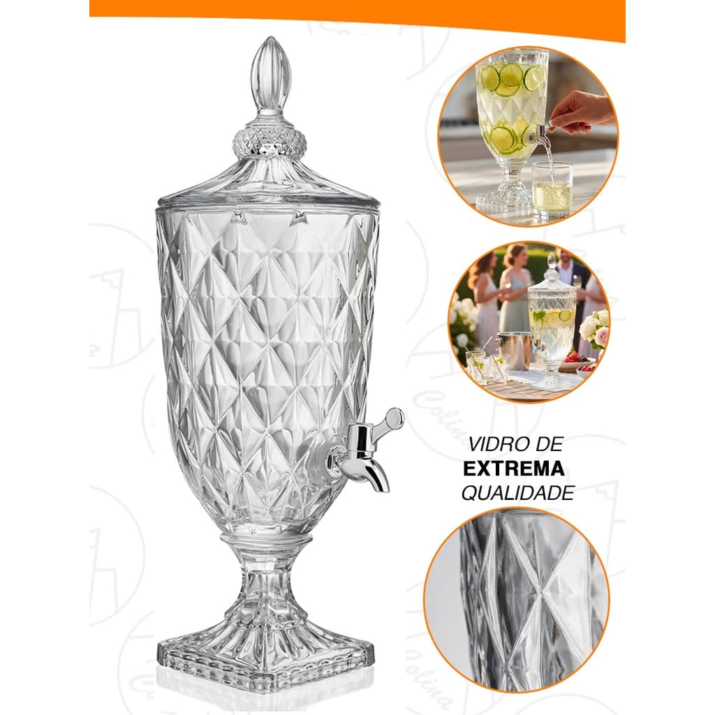 Suqueira De Vidro Diamond Torneira Luxo 5/3/2 Litros Mesa Posta Decorativa Sucos Chás