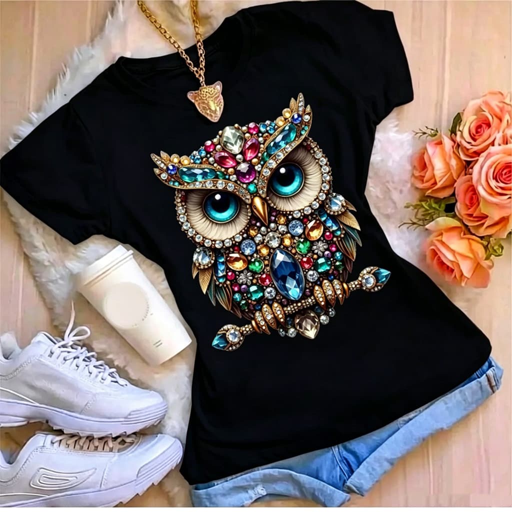 Camiseta Estampada feminina Premium Luxo Grife Moda "coruja Pedraria"
