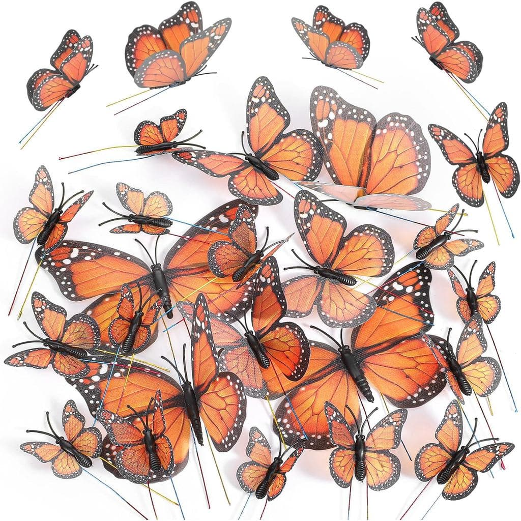 Nogeqi 24 Peças de Decorações Realistas de Borboletas Monarch Laranja para Artesanato, Borboletas Artificiais com Hastes