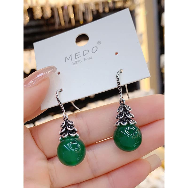 High-End Retro temperamento Jade ágata brincos simples All-Match palácio brincos moda S925 brincos de prata