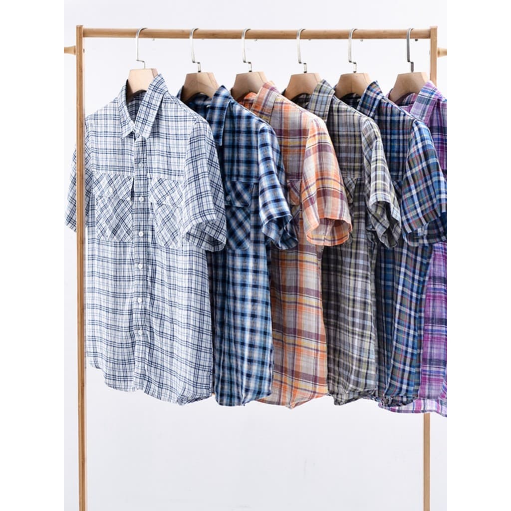 High-End puro linho camisa de manga curta masculina verão fino verificado meia manga camisa novo estilo chinês lapela ja