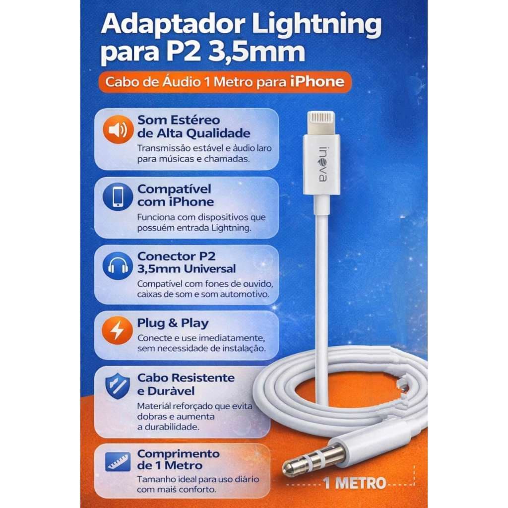 Kit1/2 Cabo Adaptador Lightning para Áudio 3.5mm – 1 Metro para iPhone
