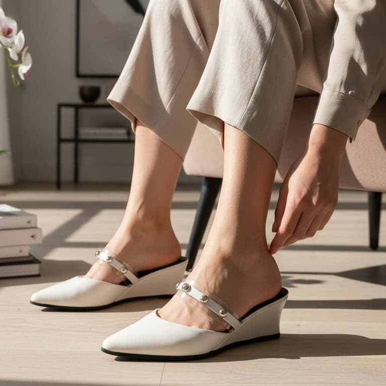 Tamanco Mule Feminino Salto Anabela 5 cm Bico Fino com Pérolas | Confortável, Elegante e Casual