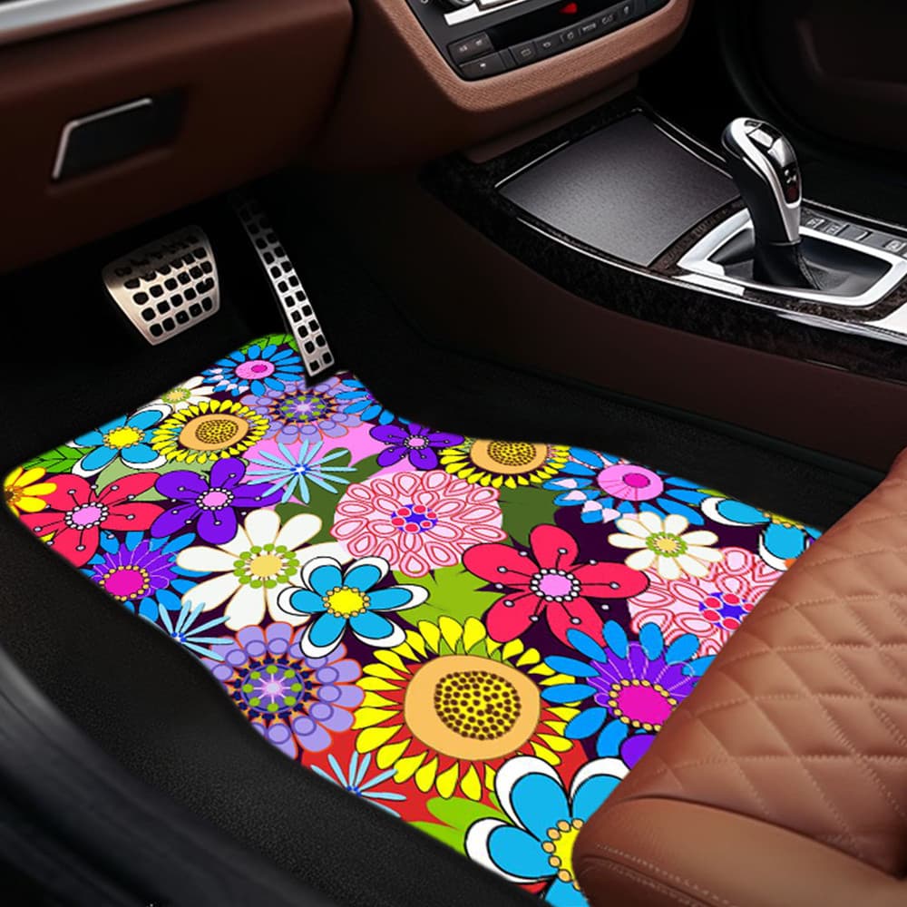 Tapete de piso de carro com flores coloridas Hippie - Tapete de piso de carro dianteiro traseiro de ajuste Universal ant