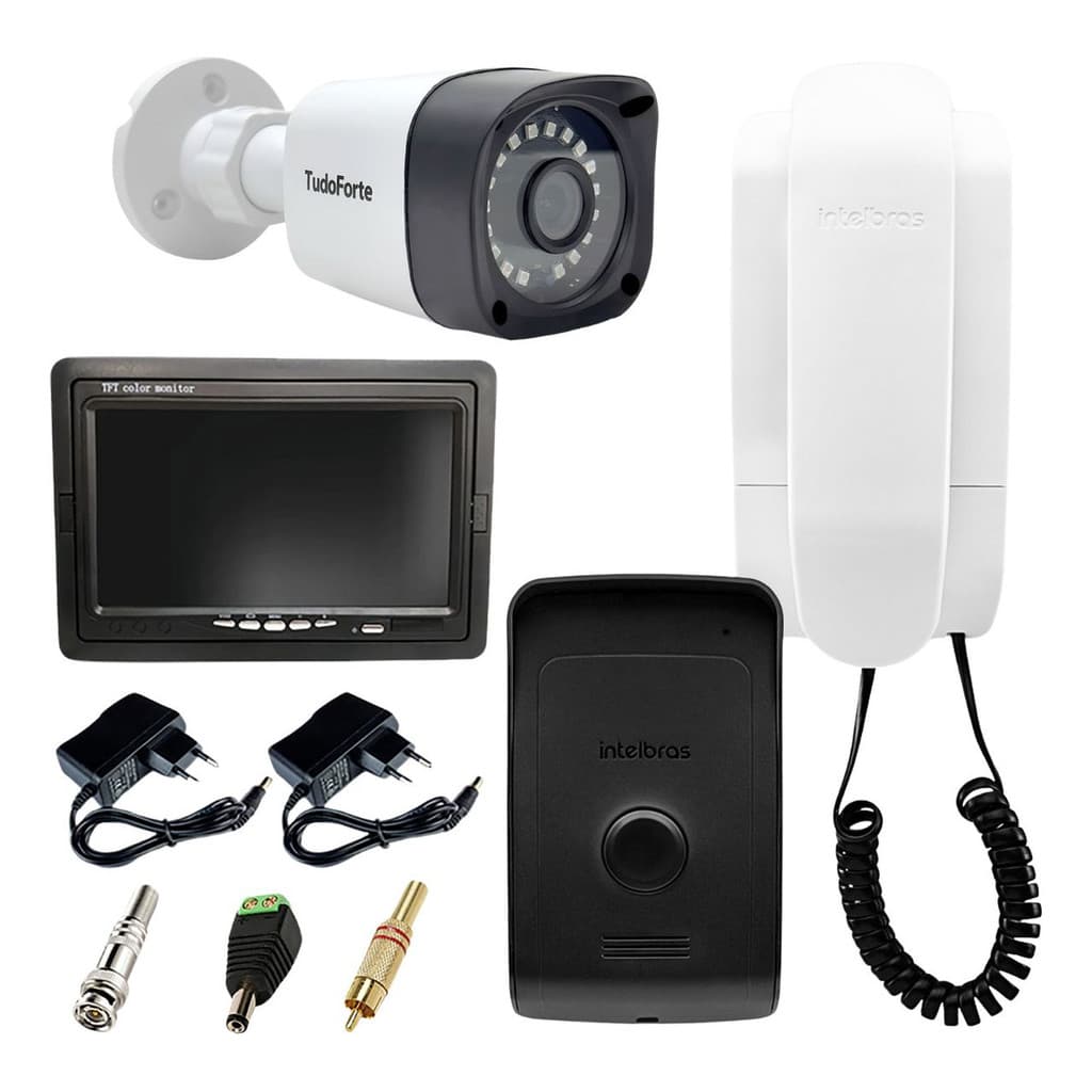 Kit Porteiro Intelbras IPR 1010 + Câmera Full HD 1080p 2MP Bullet 20 Metros + Tela Monitor 7 polegadas LCD Colorido