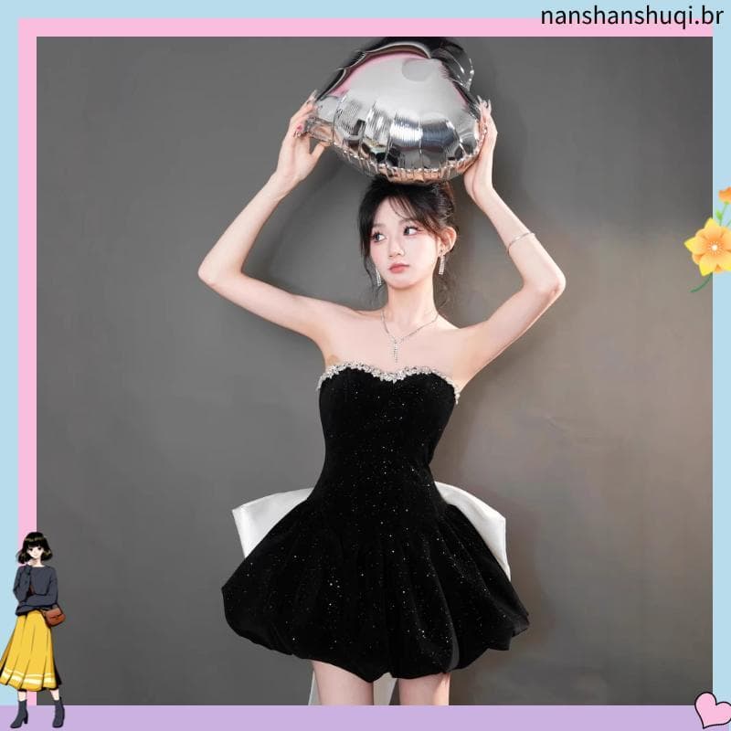 Kaka Mesmo Estilo Vietnã Nicho L @ ne ci Lindo Tubo De Veludo Doce Top Laço Vestido De Festa Saia Pequena