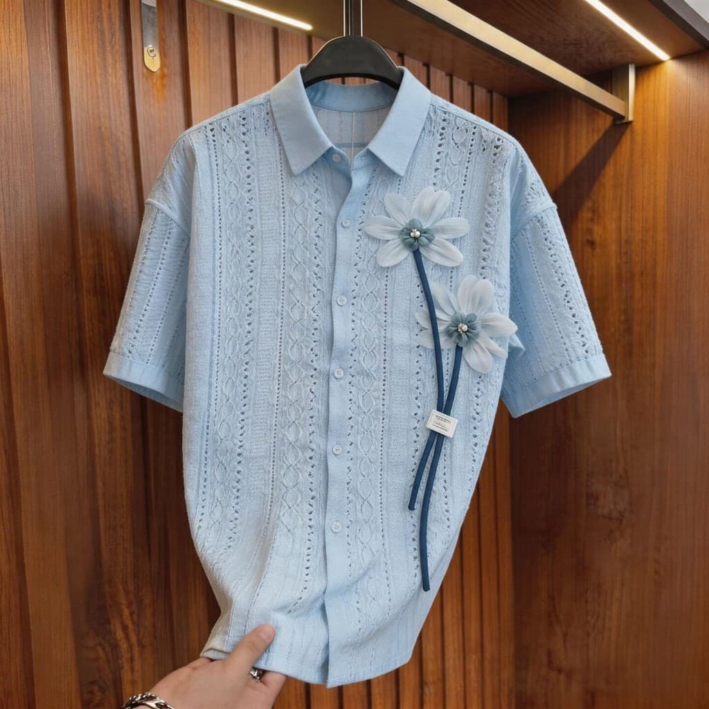 Azul claro oco Floral camisa de manga curta temperamento All-Match lapela única estilo oco nicho fresco 20267.4