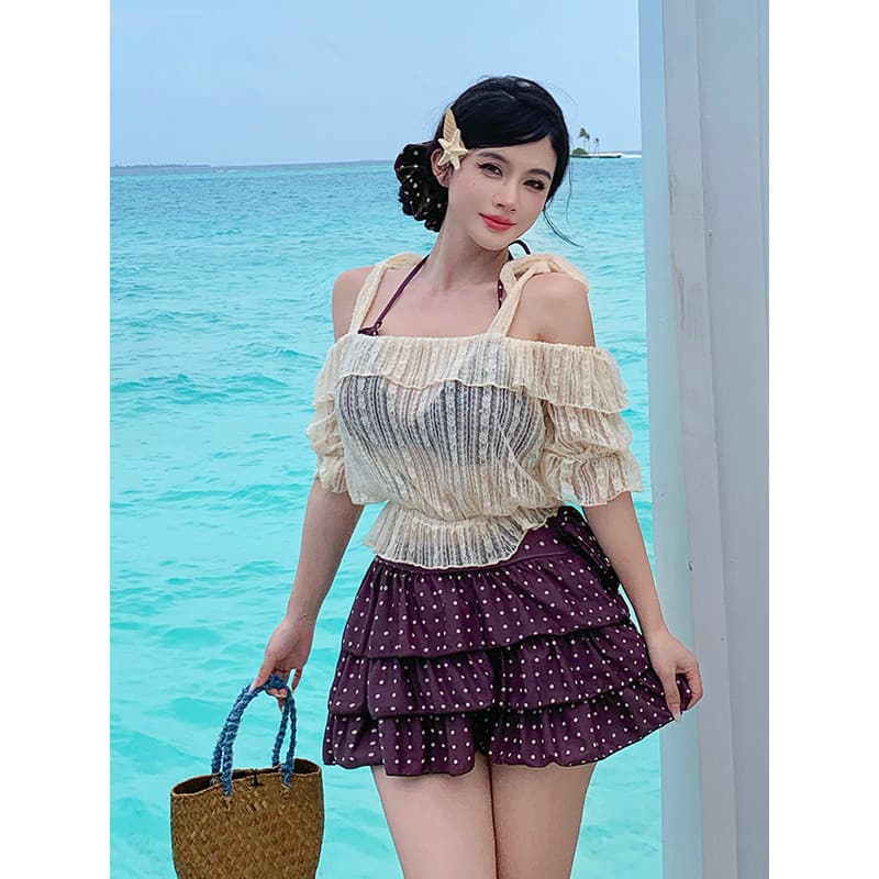 Doce estilo feminino Split maiô feminino ligeiramente gordo menina de três peças bolinhas bolo saia cintura alta mais ma