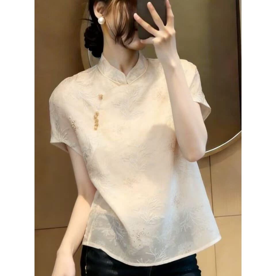 Street Wear novo estilo chinês gola alta Chiffon camisa pequena temperamento mais magro olhar verão 2026 manga curta top