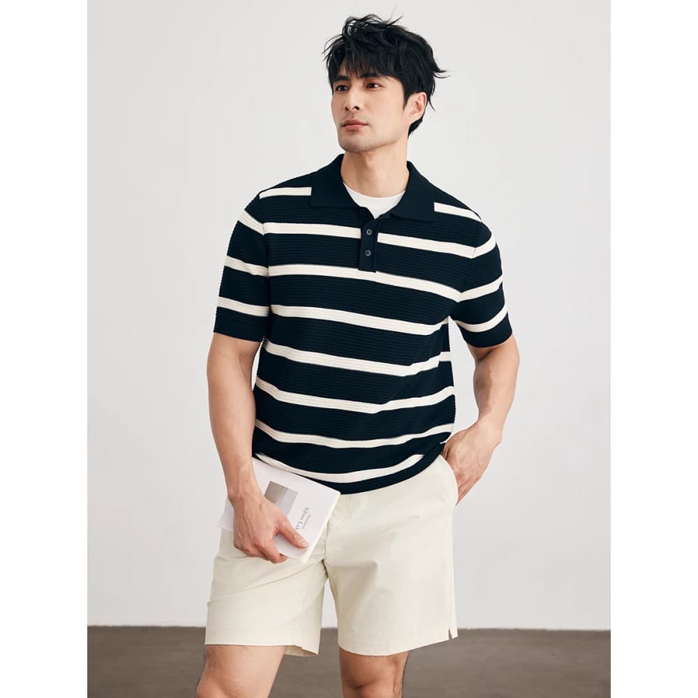 Camisa POLO masculina listrada de manga curta, cor contrastante, 2025, verão, Slim Fit, negócios, Casual, malha, seda ge